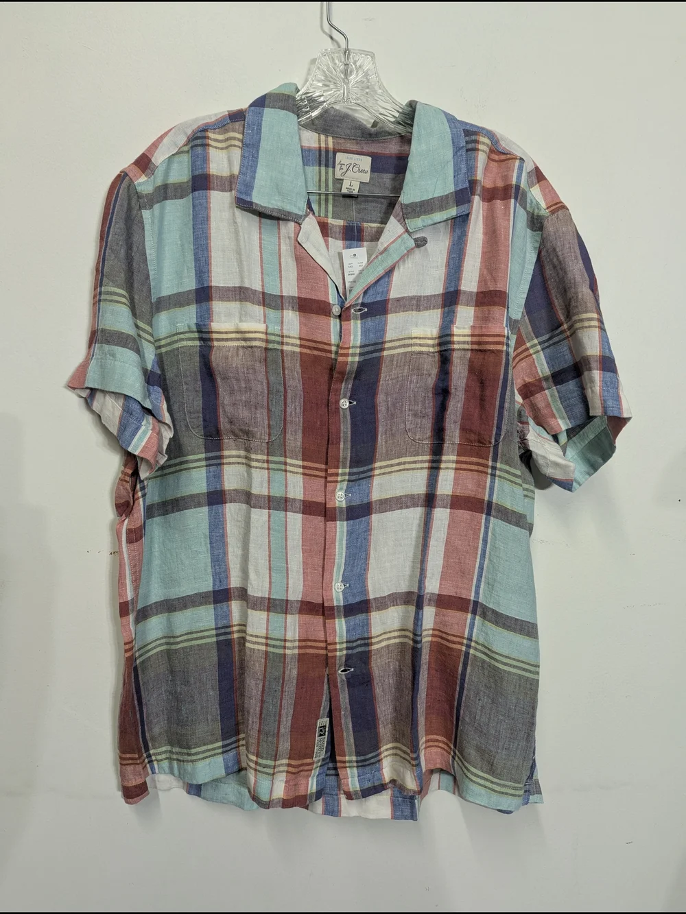 J. Crew Irish Linen Short-Sleeve Plaid Camp Shirt Baird McNutt L